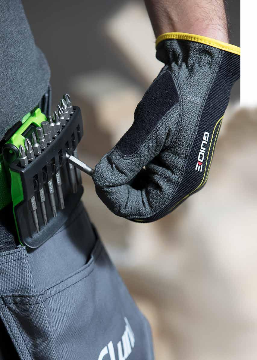 ja neljälle riippuvalle työkalulle. 1/4":n kuusiokiinnityksellä varustettujen työkalujen nopeaan ja kätevään käyttöön ja säilytykseen.