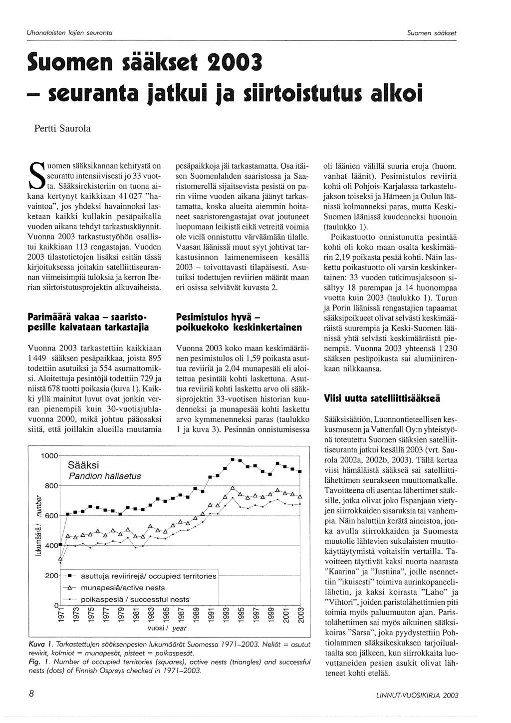 23 - seuranta jatkui ja siirtoistutus alkoi Pertti Saurola Suomen sääksikannan kehitystä on seurattu intensiivisesti jo 33 vuotta.