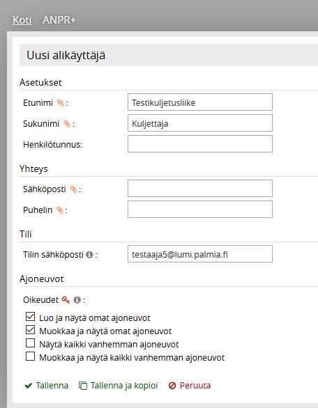 4. Kuljettajien lisäys Käyttäjätunnuksen luomiseksi tarvitaan etunimi, sukunimi ja tilin sähköposti Käyttäjätunnus ja salasana lähetetään automaattisesti sähköpostitse