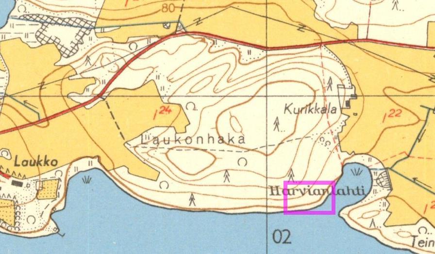 7 Ote peruskartasta v. 1954. Tutkimusalueen sijainti on merkitty päälle sinipunaisella. Vanha Hintsala-Laukko tie on kartalle merkitty vielä polkuna, katkoviivalla.