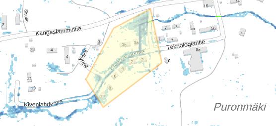 Kuva 5 Rajaus Kangaslammin Kivenlahdentien ympäristöstä. 2 Könönpelto. Alustavan hulevesitulvakartan (1/100) mukaan tulvavaara-alueella sijaitsee jonkin verran asuinrakennuksia (kuva 6).