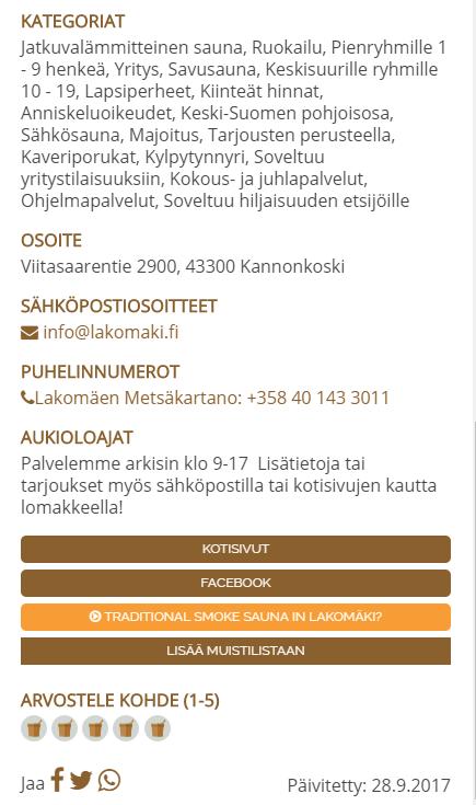 Saunojen tiedot tiiviissä paketissa, linkitykset edelleen yrityksen verkkosivuille ja someen Helppo