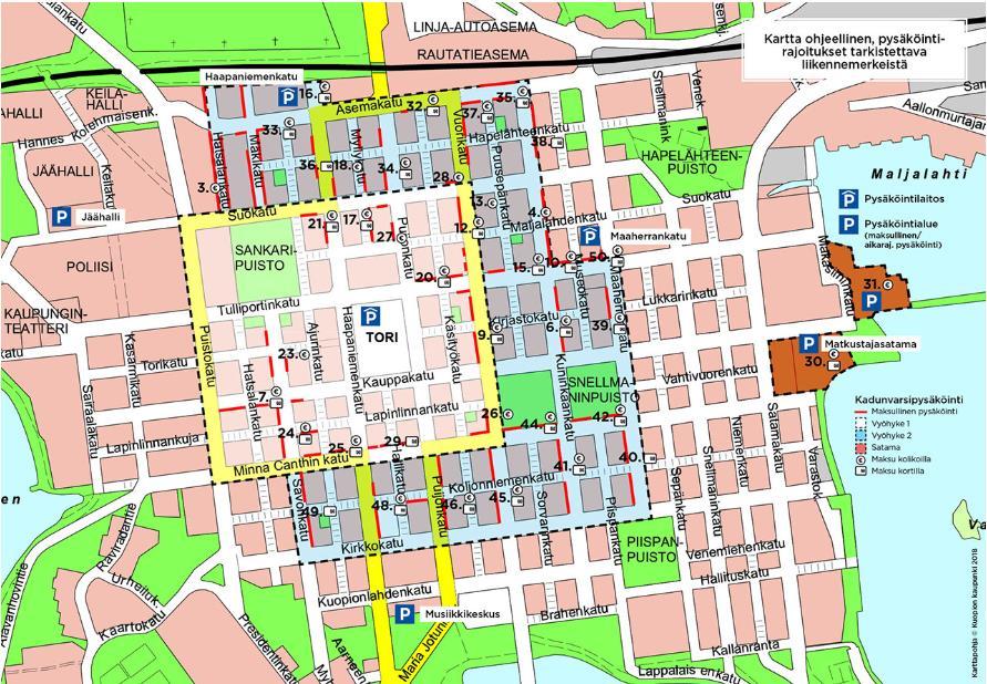 16 Kuopion kadunvarsipysäköinnissä on käytössä kolme maksuvyöhykettä. 1-vyöhyke rajautuu kuvan 3 keltaisen neliön rajaaman alueen sisäpuolelle. 1-vyöhykkeellä pysäköinti maksaa 3,20 euroa tunnissa.