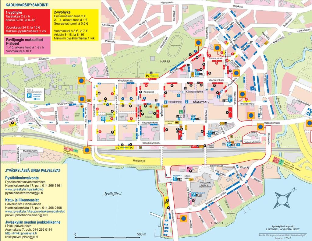 18 Jyväskylä Jyväskylän kadunvarsipysäköinnissä on käytössä kolme maksuvyöhykettä. 1-vyöhykkeellä pysäköinti maksaa 2,00 euroa tunnissa.