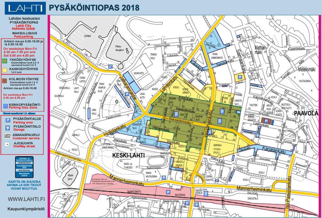 21 Lahti Lahdessa kadunvarsipysäköinnissä on käytössä kolme maksuvyöhykettä. 1-vyöhykkeen alueella pysäköinnin hinta on 2 euroa ensimmäiseltä tunnilta. Seuraavat tunnit maksavat 3,60 euroa per tunti.