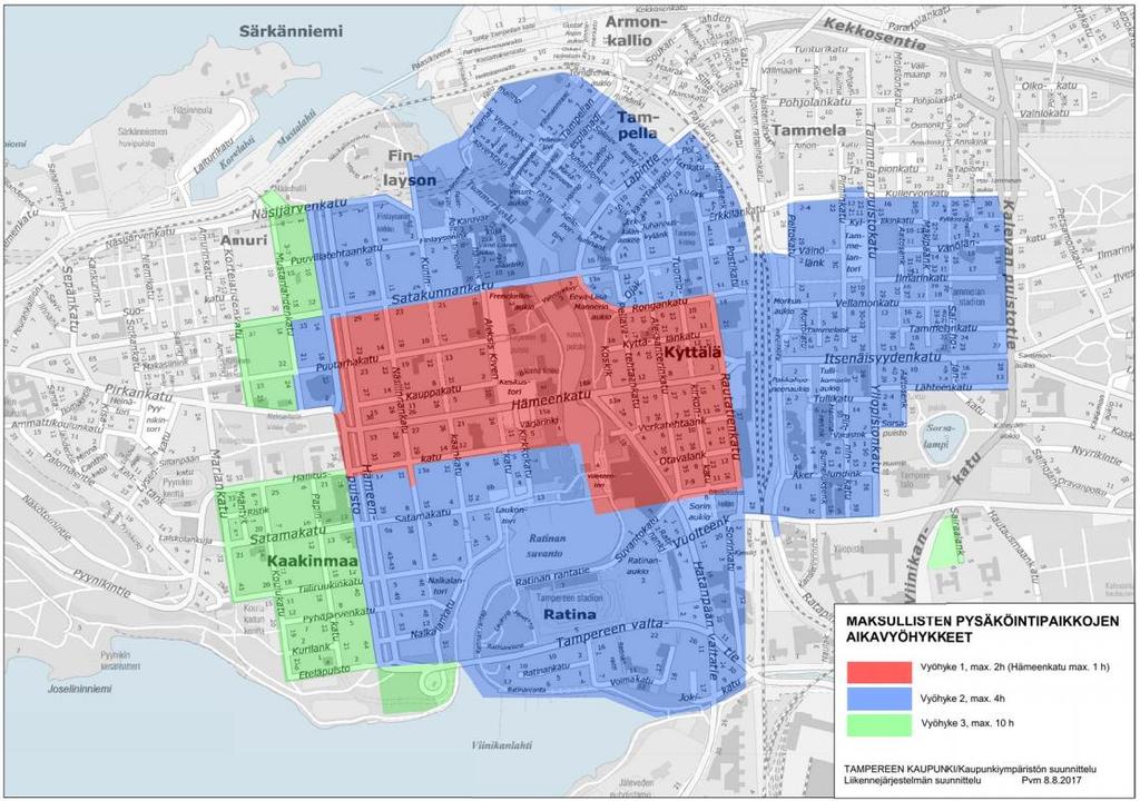 22 Kuva 9 Tampereen maksullisten pysäköintipaikkojen aikavyöhykkeet (Tampere 2017) Oulu Oulun kadunvarsipysäköinnissä on käytössä kolme maksuvyöhykettä.