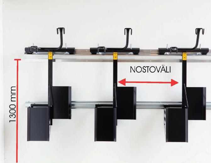 Compact PTL-2 kahdelle polkupyörälle Pyörän säilytys, kuten fillarikoukussa. Liukukelkassa kaksi pyöräpaikkaa. Asennus koko seinän pituuden mukaisesti.