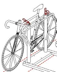 pyörän säilytysteline, jossa pyörä on osin lattialla ja seinäkoukussa eri tasoilla.