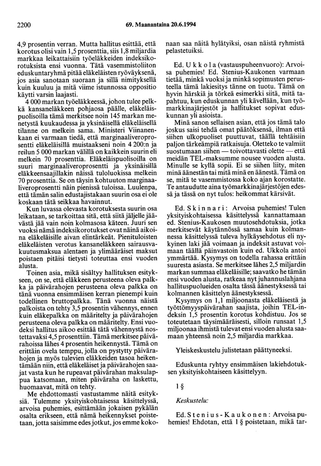 2200 69. Maanantaina 20.6.1994 4,9 prosentin verran.
