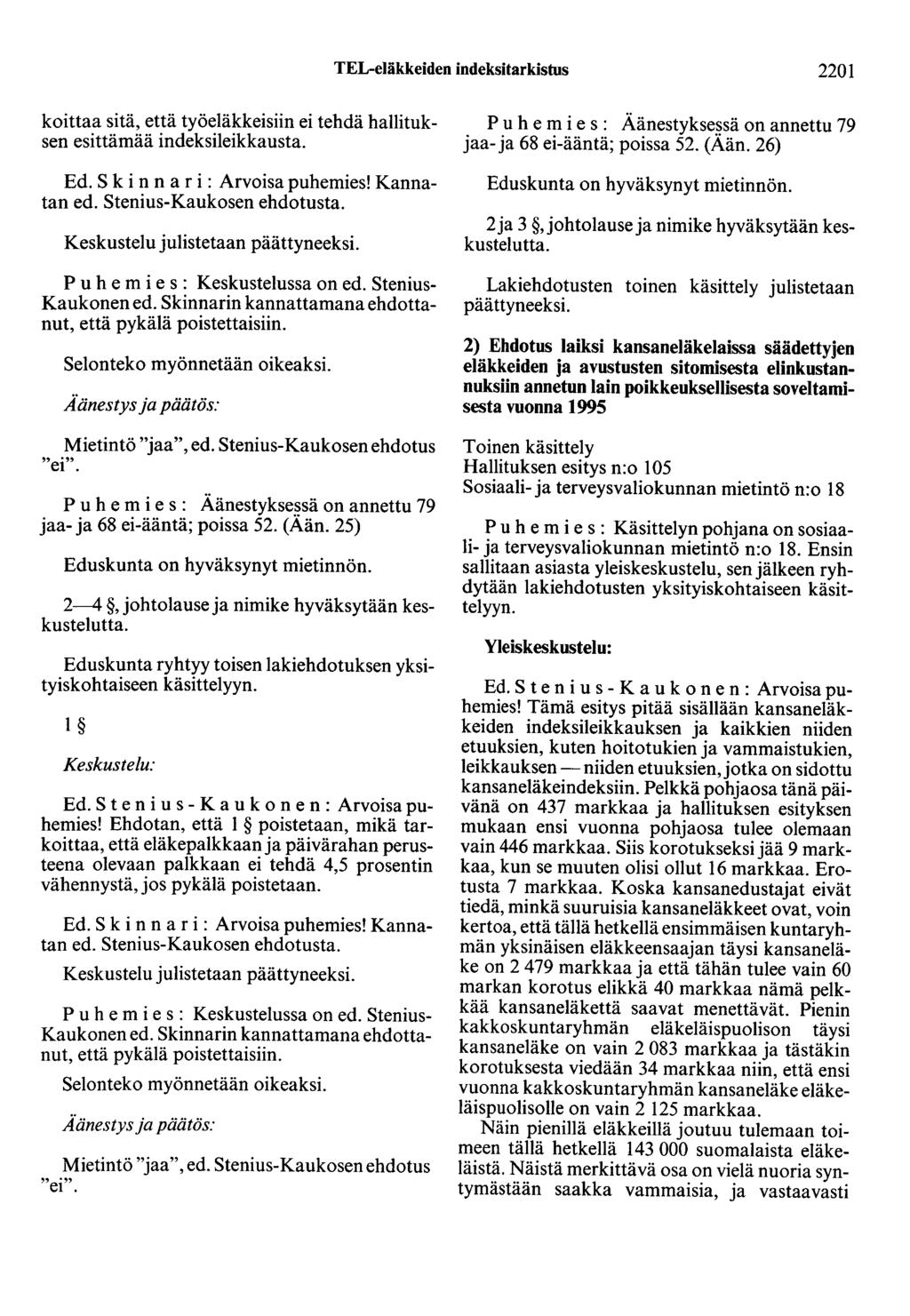 TEL-eläkkeiden indeksitarkistus 2201 koittaa sitä, että työeläkkeisiin ei tehdä hallituksen esittämää indeksileikkausta. Ed. S k i n n a r i : Arvoisa puhemies! Kannatan ed.