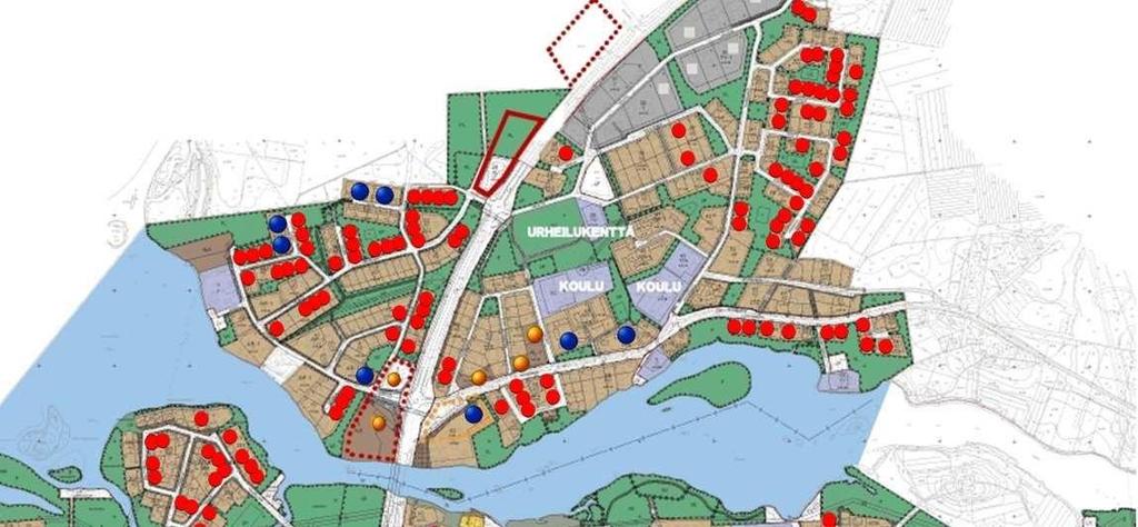 Rakentamattomat pientalotontit (punainen piste kartalla), vapaat rivitalotontit (sininen) ja vapaat liikerakennuspaikat (keltainen) keskustassa yleiskaavan laatimisen käynnistyessä Rakentamattomista