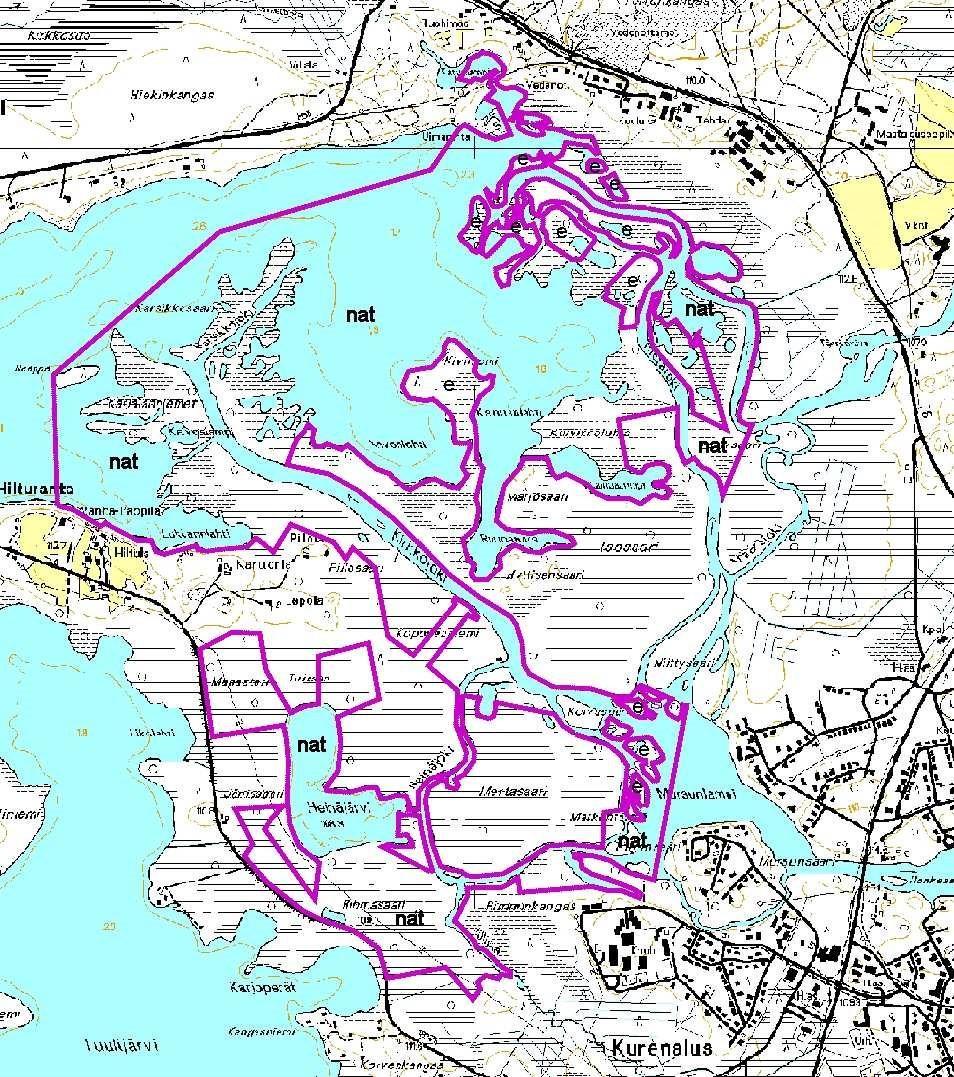 Natura 2000-alueet Kurenalan taajaman länsipuolella. Alue koostuu useista osista eikä siten muodosta yhtenäistä aluekokonaisuutta.