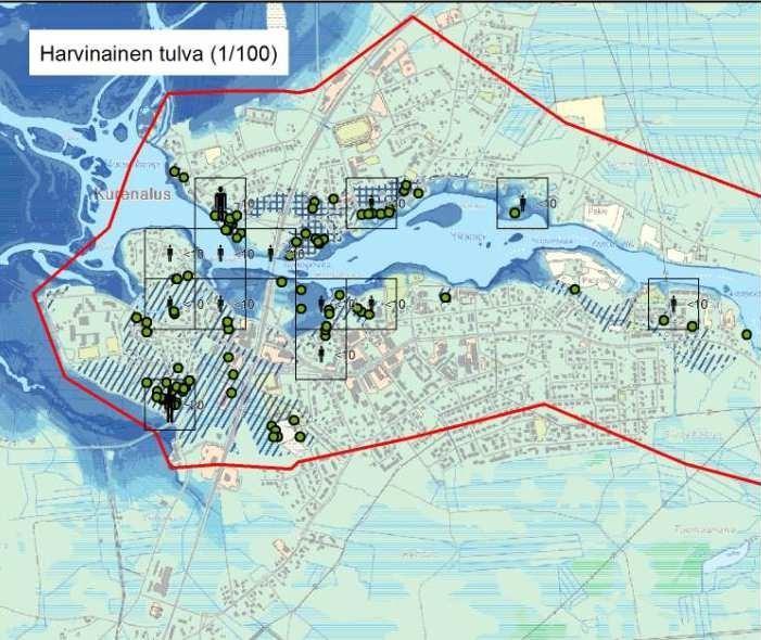 Ote tulvariskien hallintasuunnitelman tulvariskikartasta (harvinainen tulva, kerran sadassa vuodessa). Rasteroidut alueet ovat penkereillä suojattuja tulvavaara-alueita. 2.