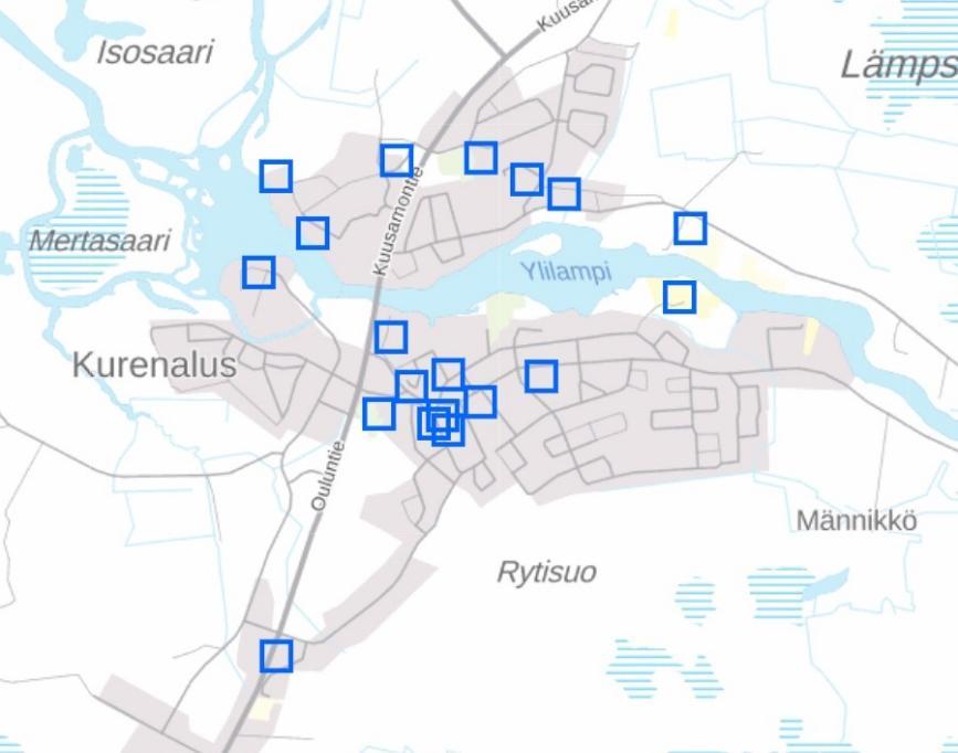 Kartalla ovat mukana sekä yksittäiset että aluekokonaisuuksiin kuuluvat kohteet.