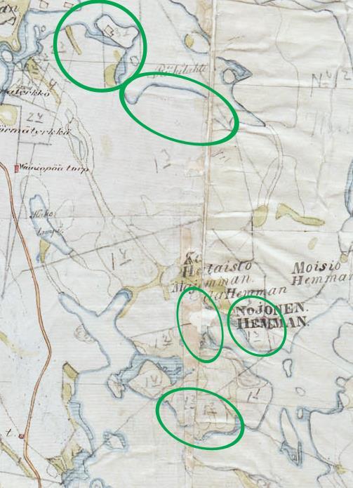 Vihreät soikiot osoittavat inventoidut alueet. Ote vuosina 1844-48 laaditusta pitäjänkartasta.