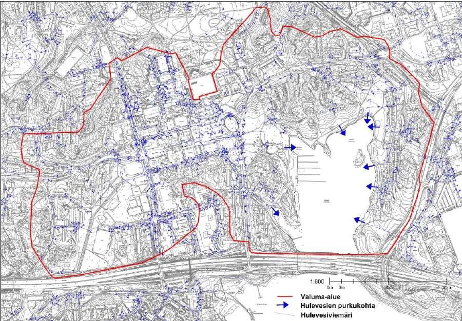 46 7.2 Valuma-alueet ja hulevesien laatu Otsolahteen laskee ja johdetaan hulevesiä hulevesiviemäreitä ja avo-ojia pitkin pohjoisesta, idästä ja lännestä.
