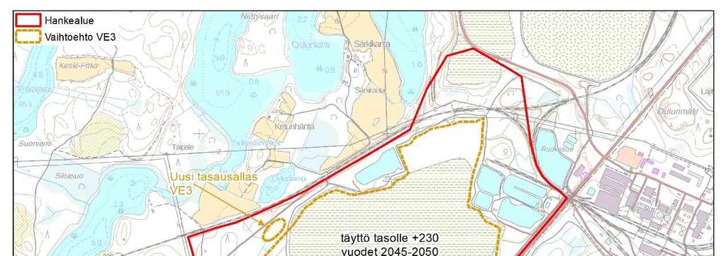 17 3.2.4 Vaihtoehto 3, VE3 Kipsiläjitystä korotetaan +230 m mpy tasolle ja laajennetaan lounaaseen vaihtoehtoa 2 enemmän (Kuva 3-6).