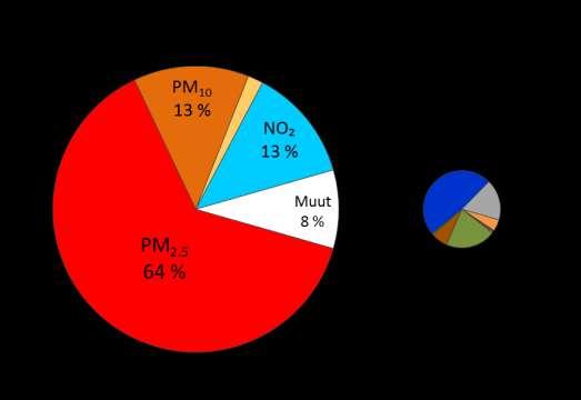 Kuva10. Ilman epäpuhtauksien Suomessa vuonna 2013 aiheuttaman tautitaakan jakautuminen eri epäpuhtauksien kesken.