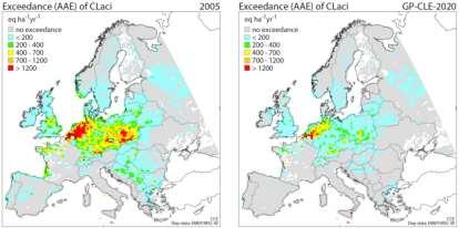 Taulukko 8. Kriittisen kuormituksen ylittävien alueiden osuudet (% ekosysteemien pinta-alasta) Suomessa ja EU-28 maissa vuosina 2005 ja 2020 (Hettelingh ym.