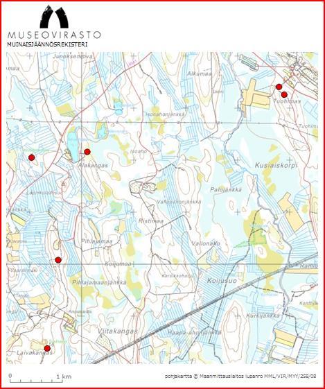 Kuva 4. Lähimmät muinaisjäännökset Ristimaan kaivoksesta. 7. Toiminnan ympäristövaikutukset Ristimaan kaivosalueen ympäristön perustilan kuvaus ja toiminnan vaikutusten arviointi (24.3.