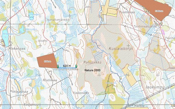 Kuva 5. Kaivospiirin lyhin etäisyys (620 m) Natura 2000 -alueesta. 8.