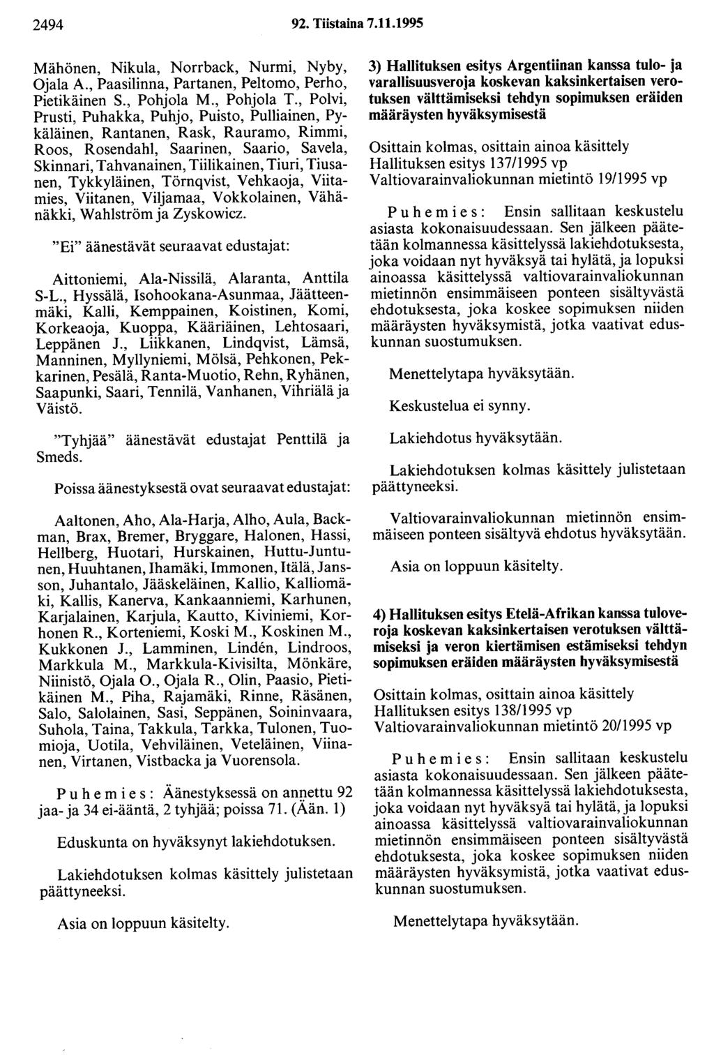 2494 92. Tiistaina 7.11.1995 Mähönen, Nikula, Norrback, Nurmi, Nyby, OjalaA., Paasilinna, Partanen, Peltomo, Perho, Pietikäinen S., Pohjola M., Pohjola T.