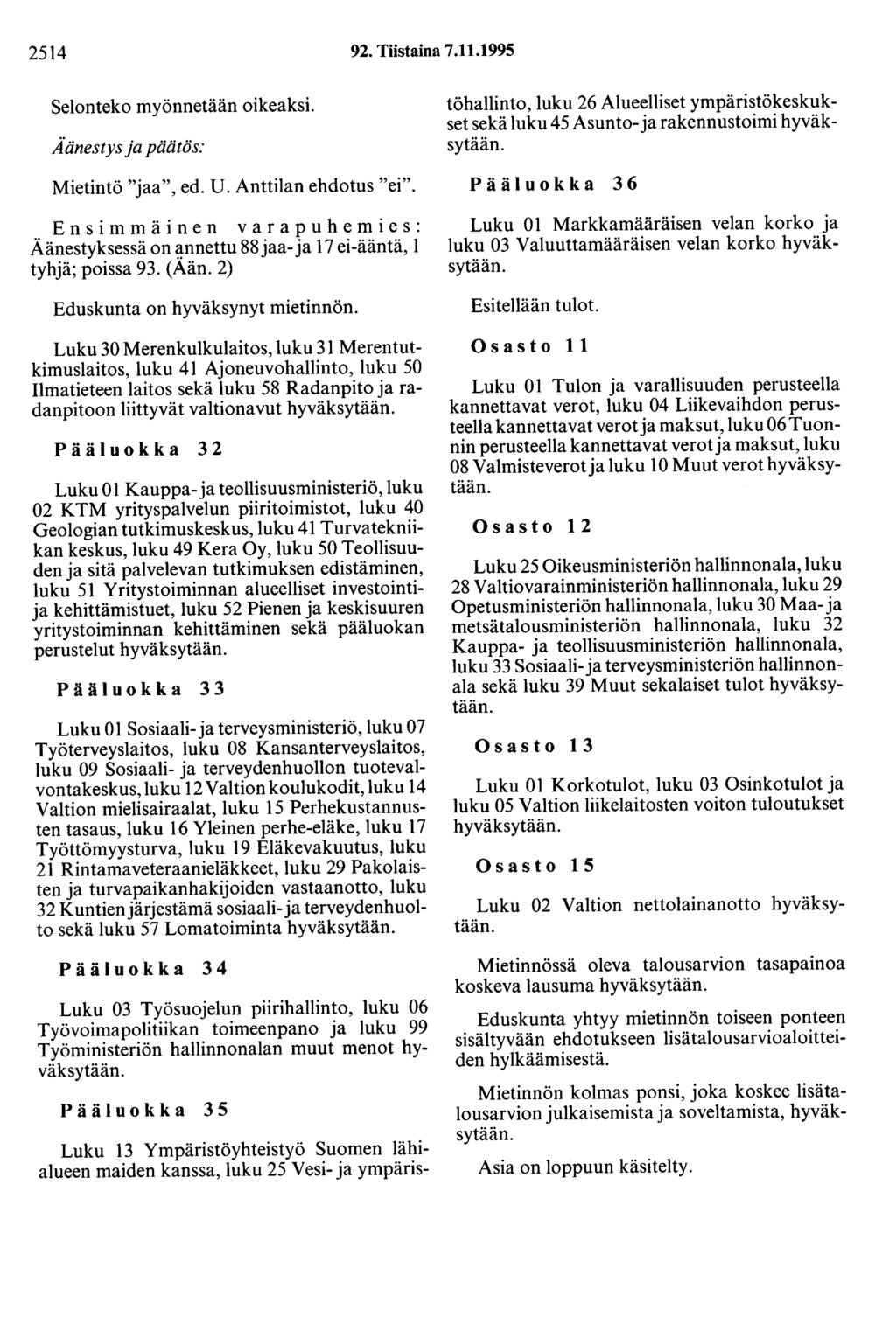2514 92. Tiistaina 7.11.1995 Selonteko myönnetään oikeaksi. Aänestys ja päätös: Mietintö "jaa", ed. U. Anttilan ehdotus "ei".