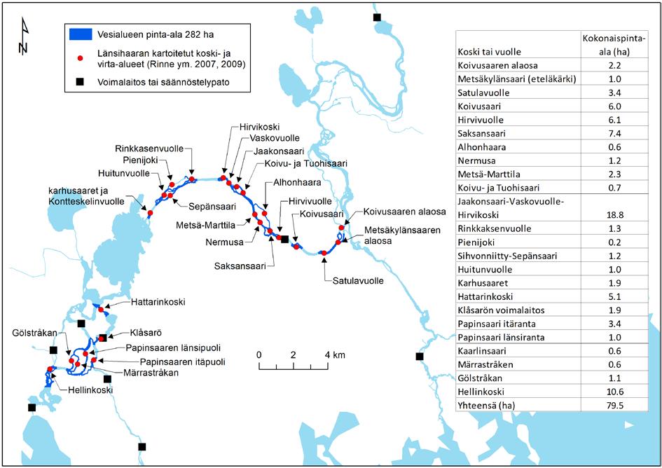 Kuva 3. Kymijoen länsihaaran arvioidut vaelluskalojen poikastuotantoalueet (Rinne ym. 20