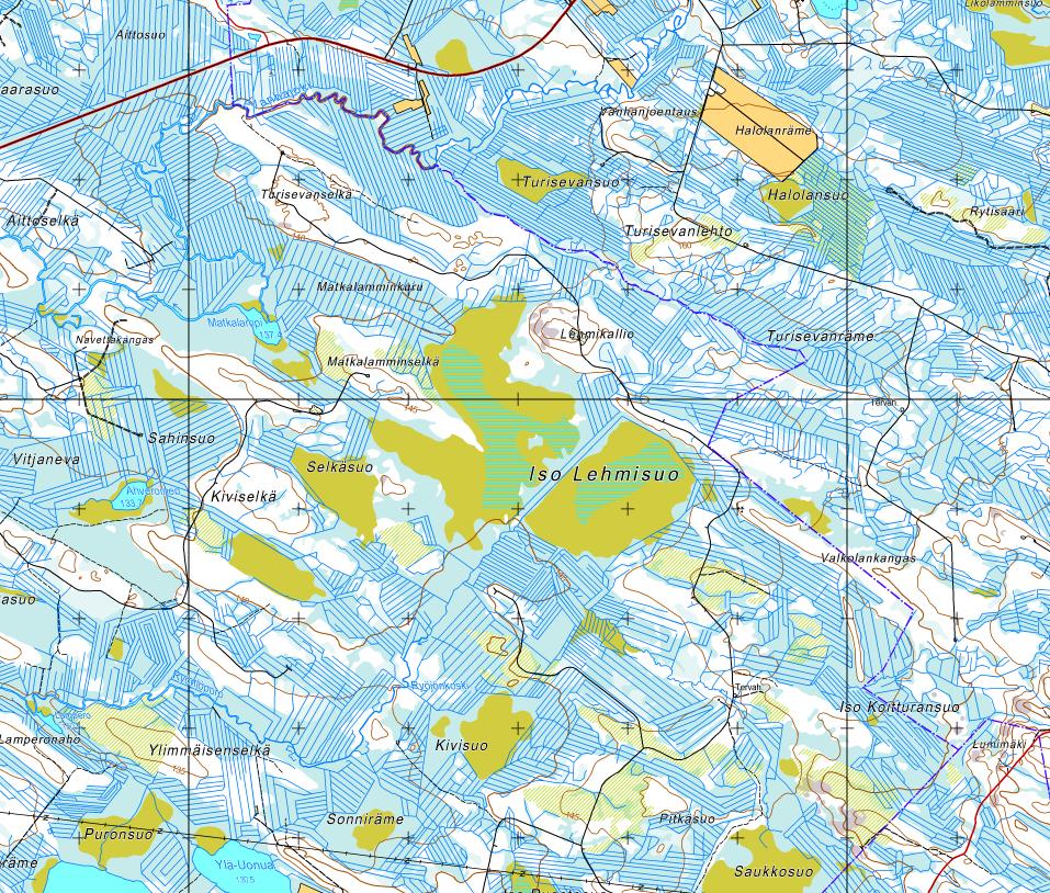 Iso-Lehmisuon ja Matkalamminkurun turvetuotantoalueen YVA-selostus 10(122) Kuva 2. Iso-Lehmisuon ja Matkalamminkurun lähiympäristö.