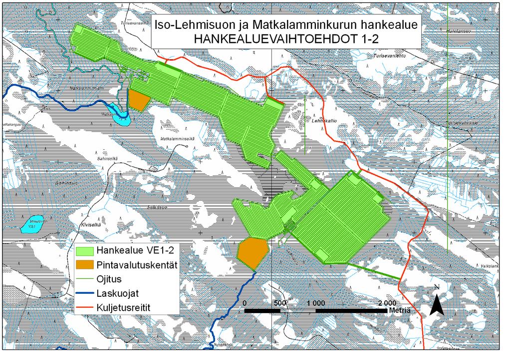 Iso-Lehmisuon ja Matkalamminkurun turvetuotantoalueen YVA-selostus 13(122) pintavalutuskenttä, Iso-Lehmisuon (138 ha) vesiensuojelu toteutetaan sulan maan aikaisella pintavalutuskentällä.