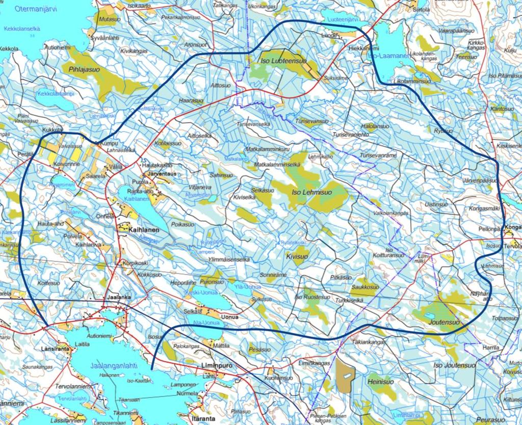 Iso-Lehmisuon ja Matkalamminkurun turvetuotantoalueen YVA-selostus 31(122) Kuva 13. Asukaskyselyn rajausalue. Asukaskysely lähetettiin 138 vastaanottajalle ja vastausprosentti oli 43 % (60 kpl).