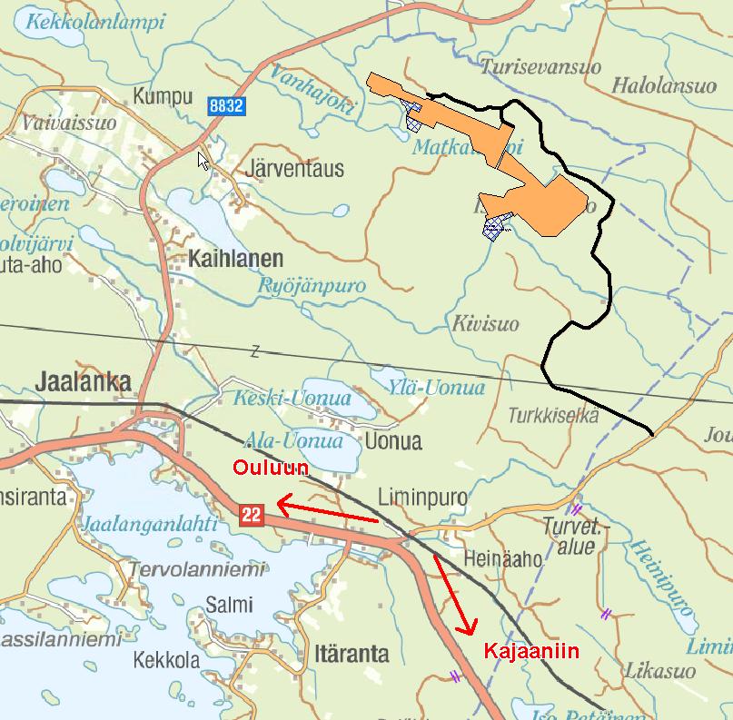 Iso-Lehmisuon ja Matkalamminkurun turvetuotantoalueen YVA-selostus 35(122) Kuva 14. Kuljetusreitit hankealueelta yleisille teille ja edelleen Oulun ja Kajaanin suuntiin.