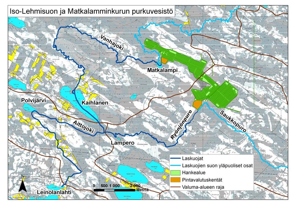 Iso-Lehmisuon Matkalamminkurun sijainti on merkitty oranssilla pisteellä kartalle (Karttapohja Genimap Oy, valuma-alueet SYKE). Kuva 16.