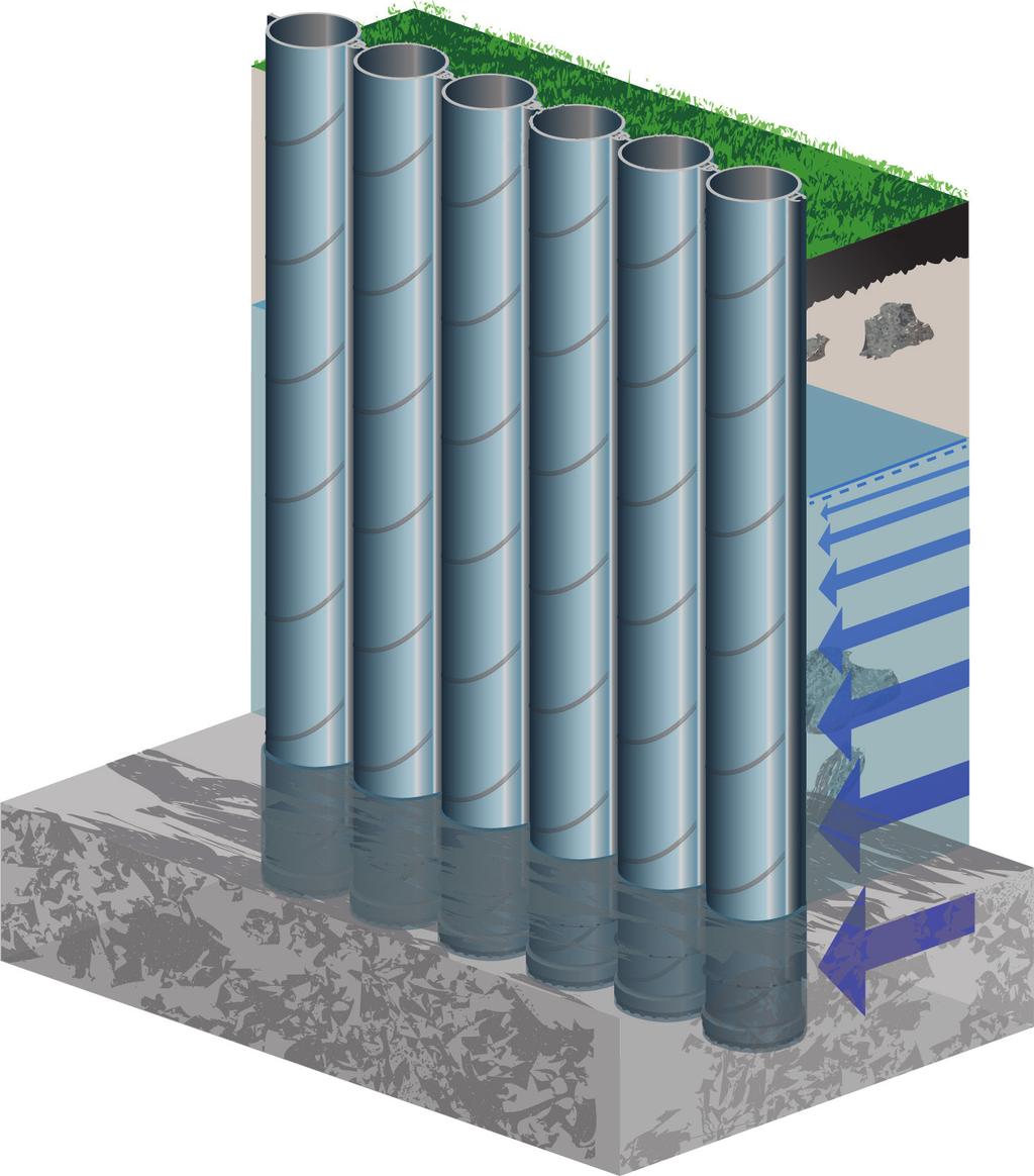 Kuva 19. Vesitiivis RD-paaluseinä Lukkoprofiilin riittävä vesitiiveys varmistetaan esimerkiksi bitumipohjaisella tiivistysmassalla. Pohjaveden paine RD-paaluseinän alapää upotetaan kallioon.
