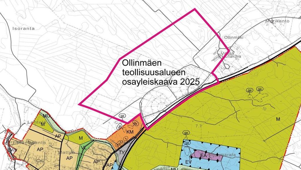 joen etelähaarasta ja jatkuu pohjoiseen kaavaan merkitylle Ollinmäen teollisuusalueelle asti.