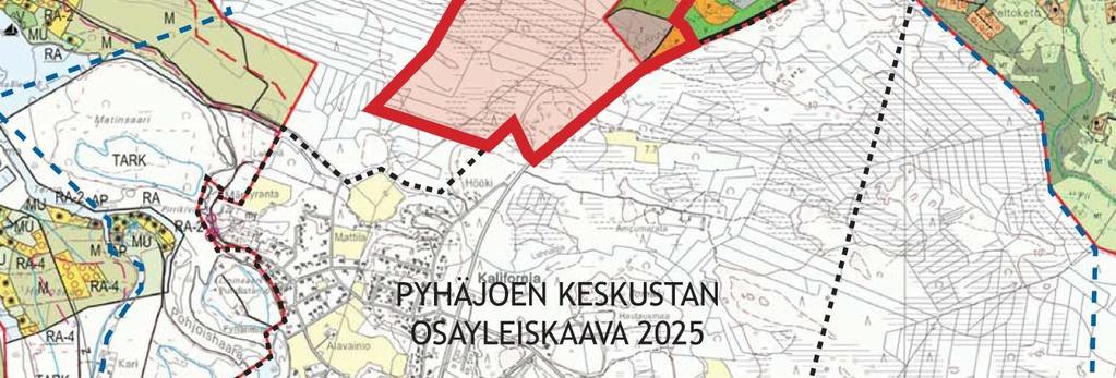 Ollinmäen osayleiskaava-alue ja sen lähialueiden kaavatilanne. Sininen katkoviiva osoittaa Pyhäjoen keskustan osayleiskaava 2010 rajauksen.
