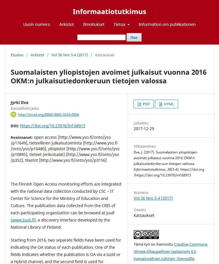 Katsausartikkeli OA-tiedoista Ilva, J. (2017).