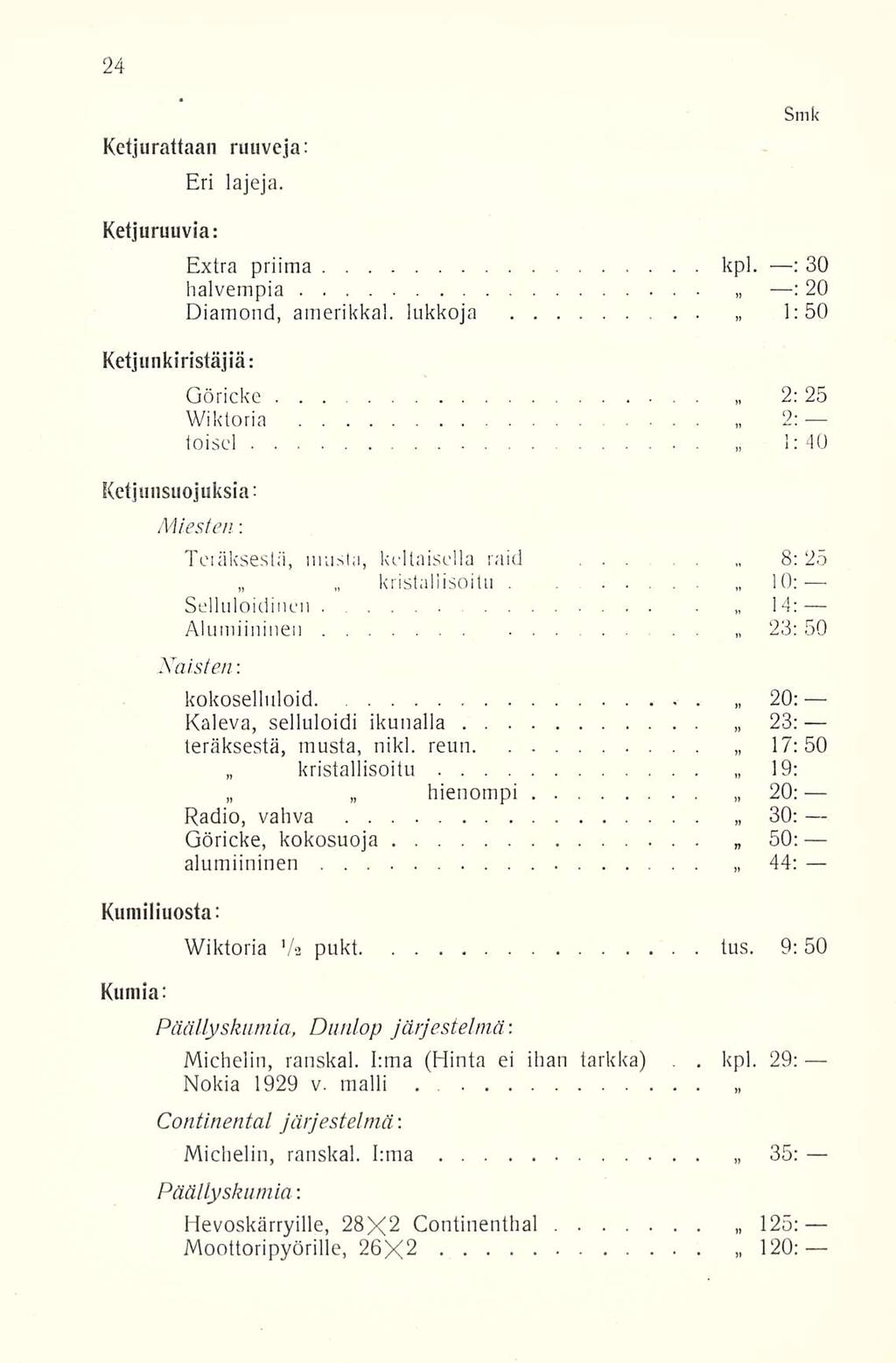 kpl. Ketjurattaan ruuveja: Eri lajeja. Smk Ketjuruuvia: Extra : priima kpl. 30 : halvempia 20 Diamond, amerikkal.