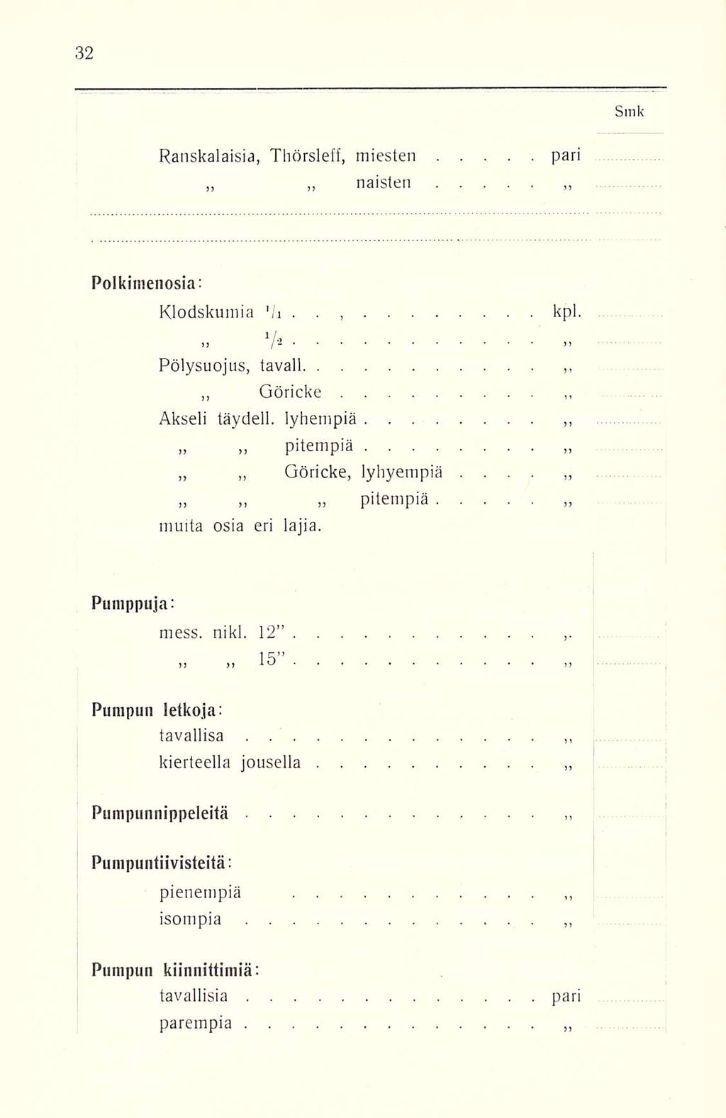 ... Ranskalaisia, Thörsleff, miesten pari naisten Polkimenosia; Klodskumia 'h., kpl... V 2 Pölysuojus, tavall Göricke.. Akseli täydell. lyhempiä pitempiä Göricke, lyhyempiä.