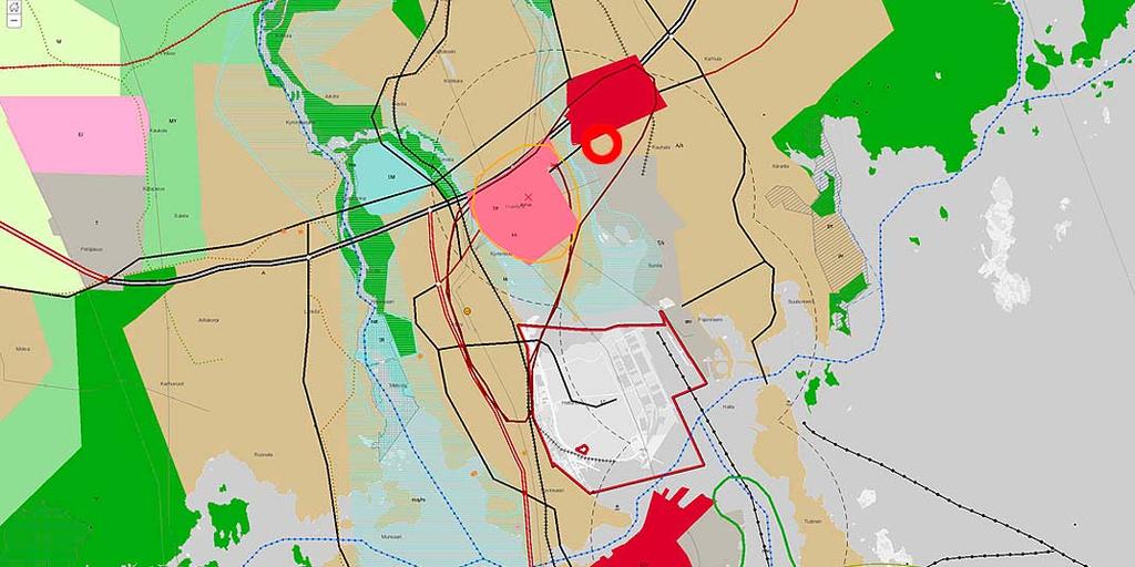 Eteläisin osa on merkitty teollisuus- ja varastoalueeksi (T), keskeinen osa on taajamatoimintojen aluetta (A) ja pohjoisin keskustatoimintojen aluetta (C).