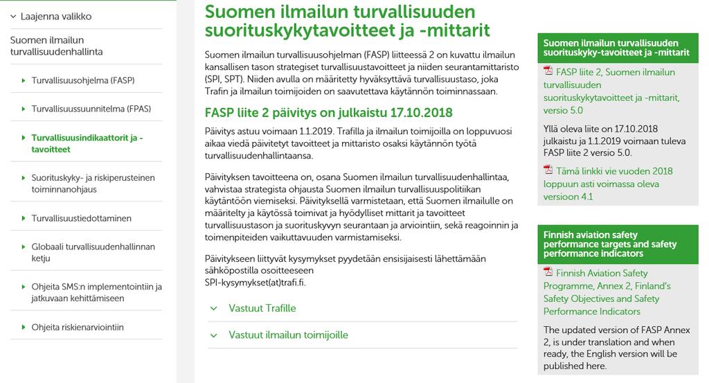 Suomen ilmailun turvallisuudenhallinnan nettisivut - Linkki FASP
