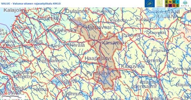 Karttaote Pyhäjoen vesistöalueen Haapaveden valuma-alueesta (lähde: VALUE, SYKE) Taulukko maankäyttömuotojen suhteellisista osuuksista ylempänä olevan kartan mukaisella valuma-alueella.