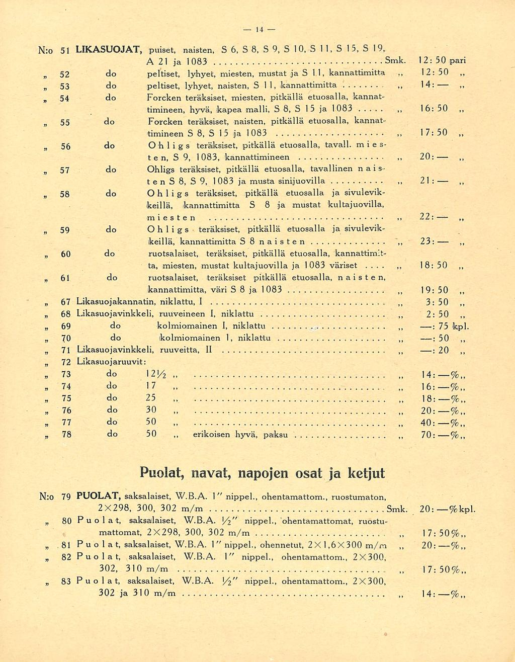 erikoisen 16: 17: 21 23: : 57 58 59 60 N:o 51 LIKASUOJAT, puiset, naisten, S 6, S 8, S 9, S 10, S 1 1, S 15, S 19, A2l ja 1083 Smk. 12: 50 pari peltiset, lyhyet, 12: 50 52 elo miesten, mustat ja S 1.