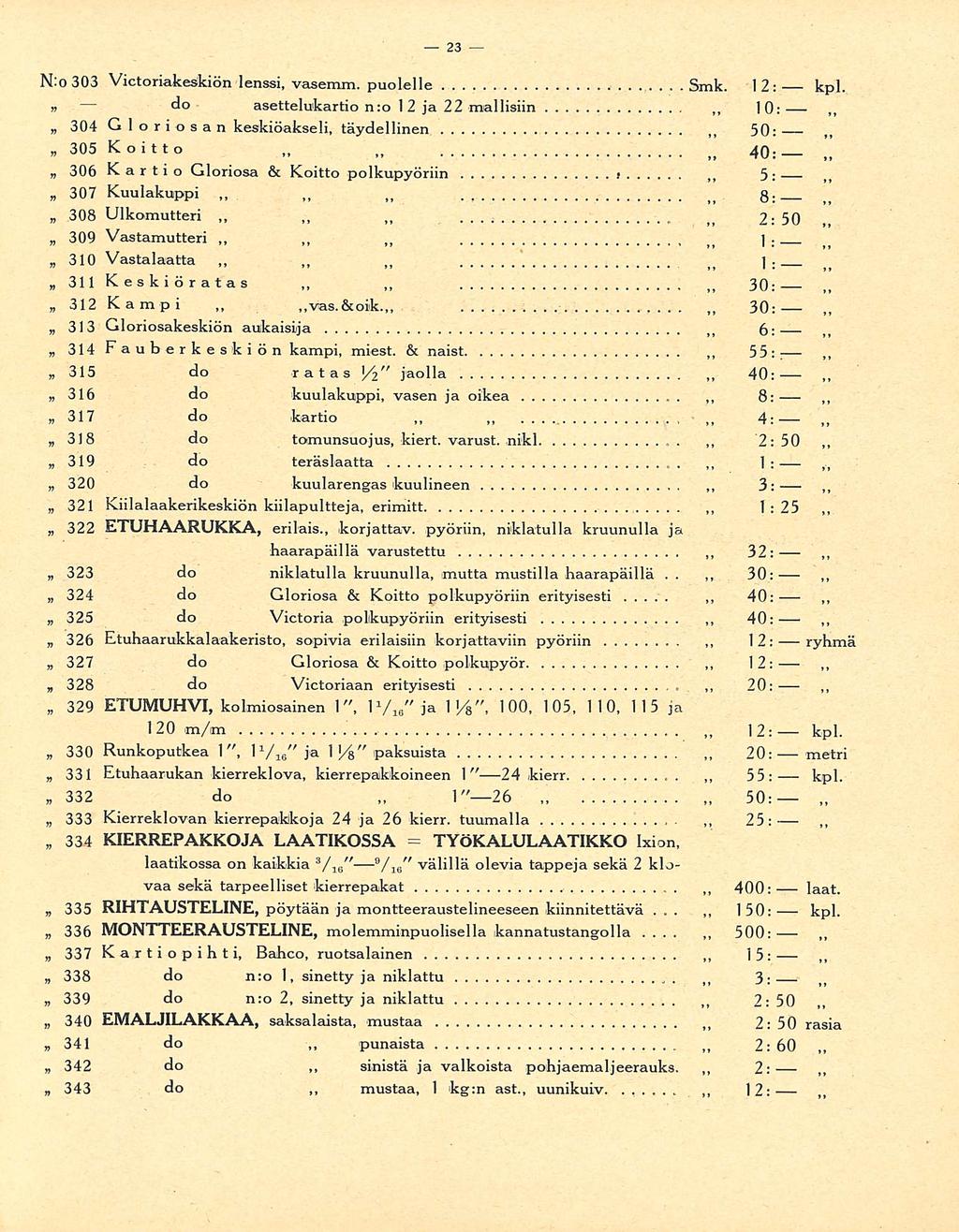 4: 55:: 1:25 32: 30: 55: 50: 25: 150: 500: 2:60 10: N:0303 Victoriakeskiön lenssi, vasemm. puolelle Smk. 12: kpl.