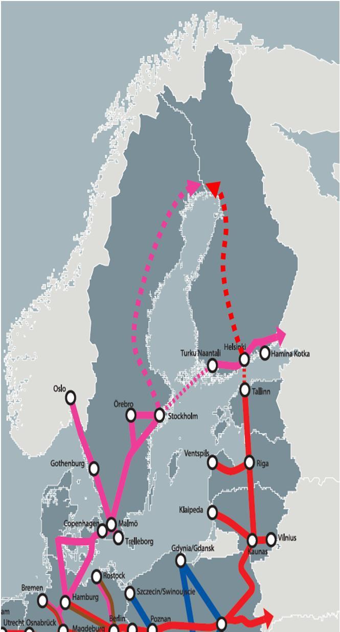 Arktinen alue ydinkäytäväverkkoon Suomi pyrkii saamaan North Sea-Baltic käytävän jatketuksi Helsingistä Tornioon Ruotsin tulisi saada Scandinavian- Mediterranean käytävä jatketuksi Tukholmasta
