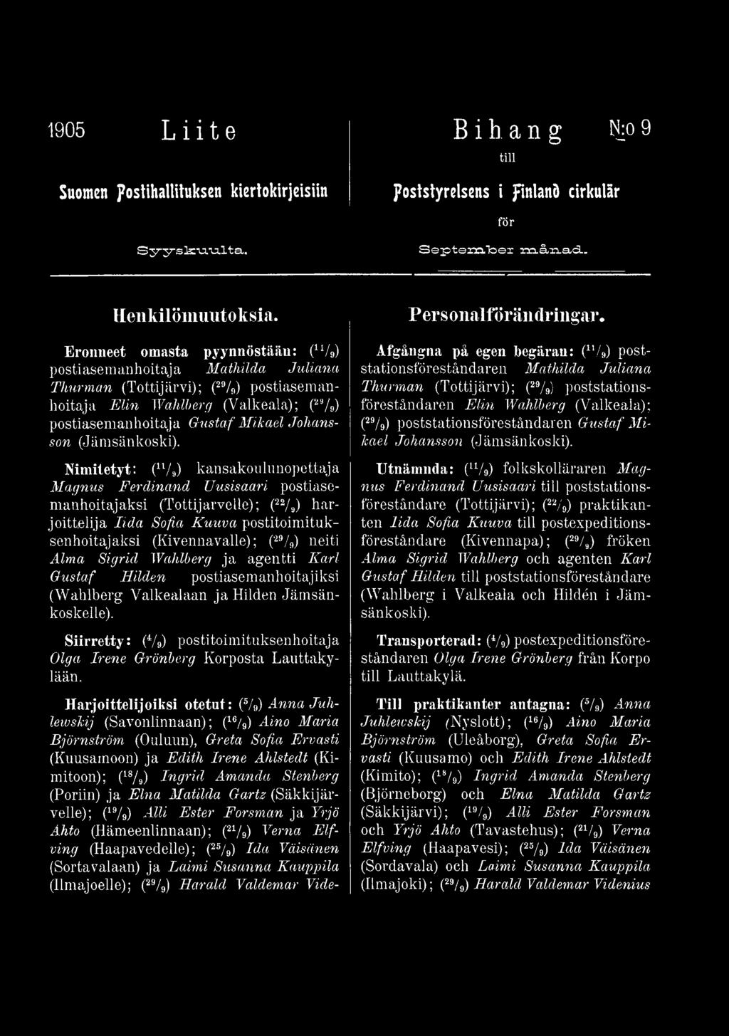 Alma Sigrid Wahlberg ja agentti Karl Gustaf Hilden postiasemanhoitajiksi (Wahlberg Valkealaan ja Hilden Jämsänkoskelle).