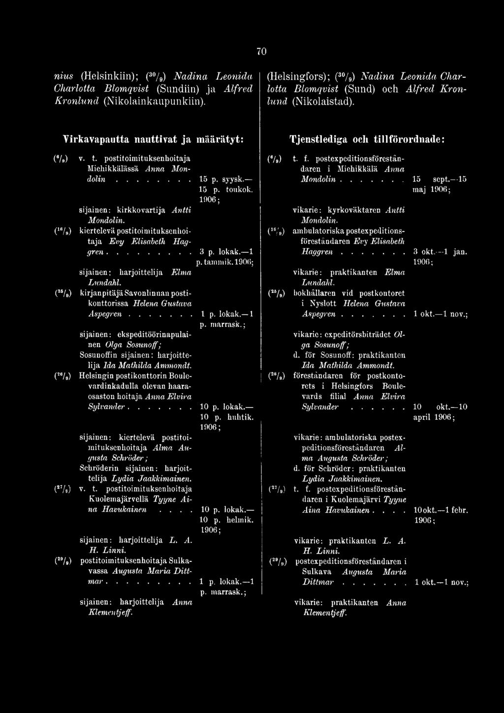 (25/o) kirjanpitäjä Savonlinnan postikonttorissa Helena Gustava Aspegren...l p. lokak. 1 p. marrask.