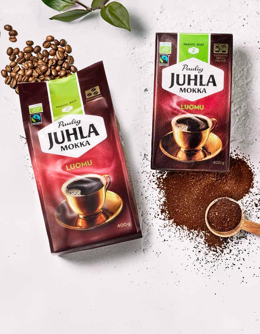 JUHLA MOKKA TUMMA PAAHDON paahteisen lämmin ja vivahteikas maku on peräisin Keski- ja Etelä-Amerikan sekä Afrikan parhaista 100 % arabica-kahvilaaduista.