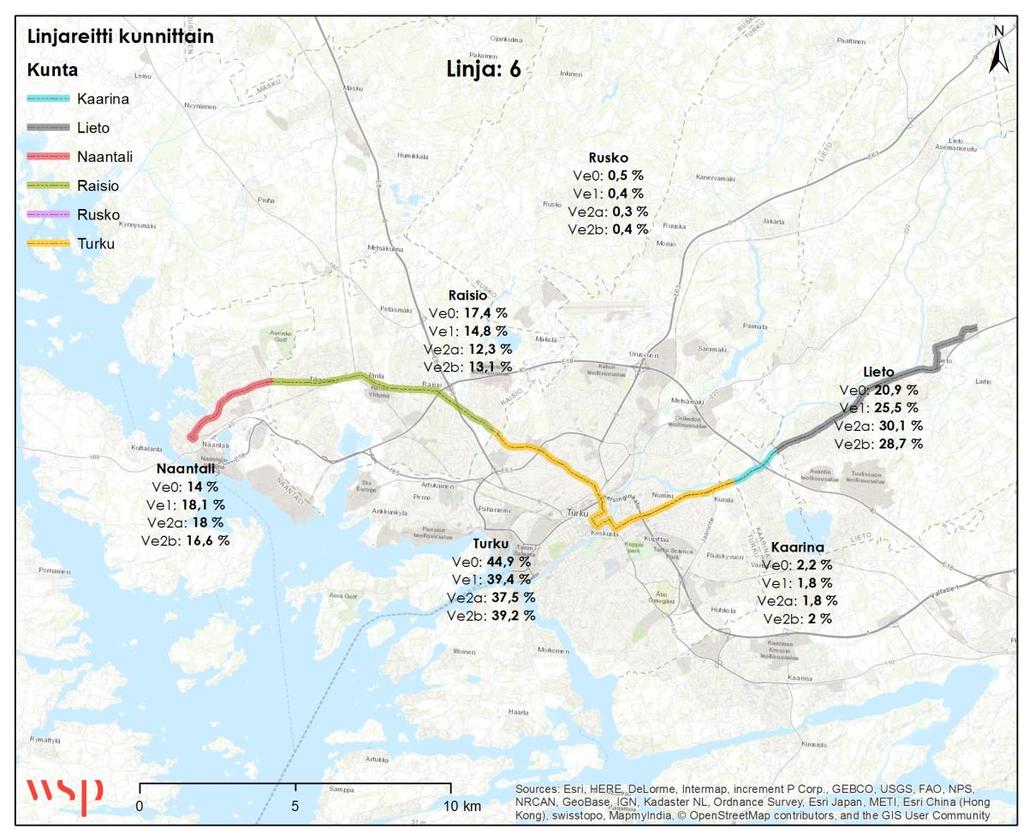 Linjakilometrit kunnittain Kaarina 5 % Linja 6 Turku 33 % Lieto 26 % Raisio 24 % Naantali 12 %