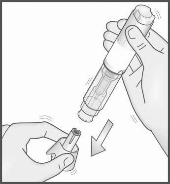 7. Vedä korkki irti suorassa toisella kädellä. Neulansuojus laskeutuu alas korkin mukana. Jos se ei laskeudu, käytä toista kynää ja ota yhteys lääkäriin, apteekkiin tai hoitajaan.